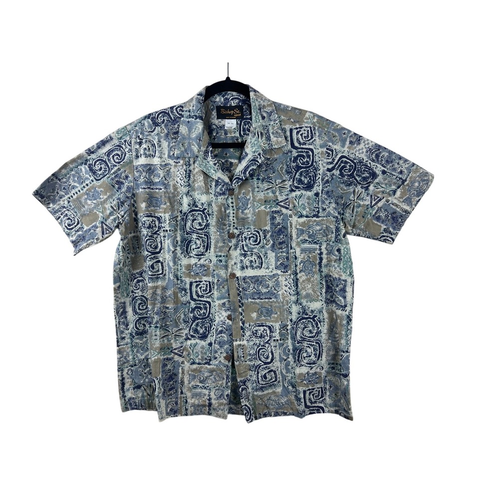 Bishop St. Apparel Hawaii Mens Blue‎ Tribal Sea Turtle Fish Aloha Shirt XL